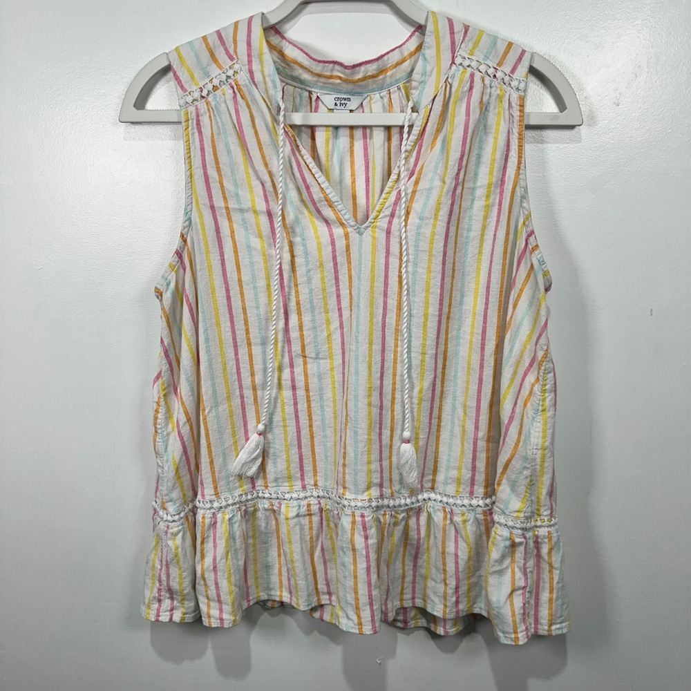 Crown & Ivy Striped‎ Sleeveless Top Womens Medium V Neck Tassel Boho Blouse